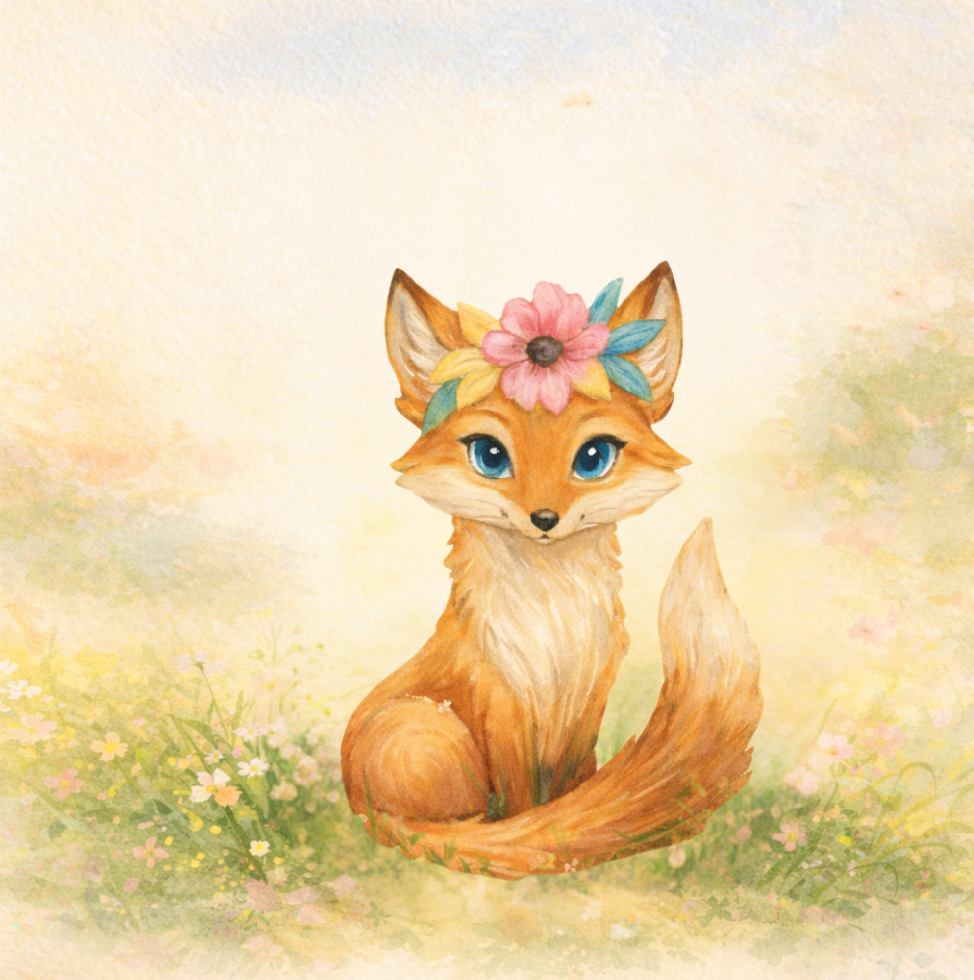 Watercolor fox sitting among soft meadow flowers