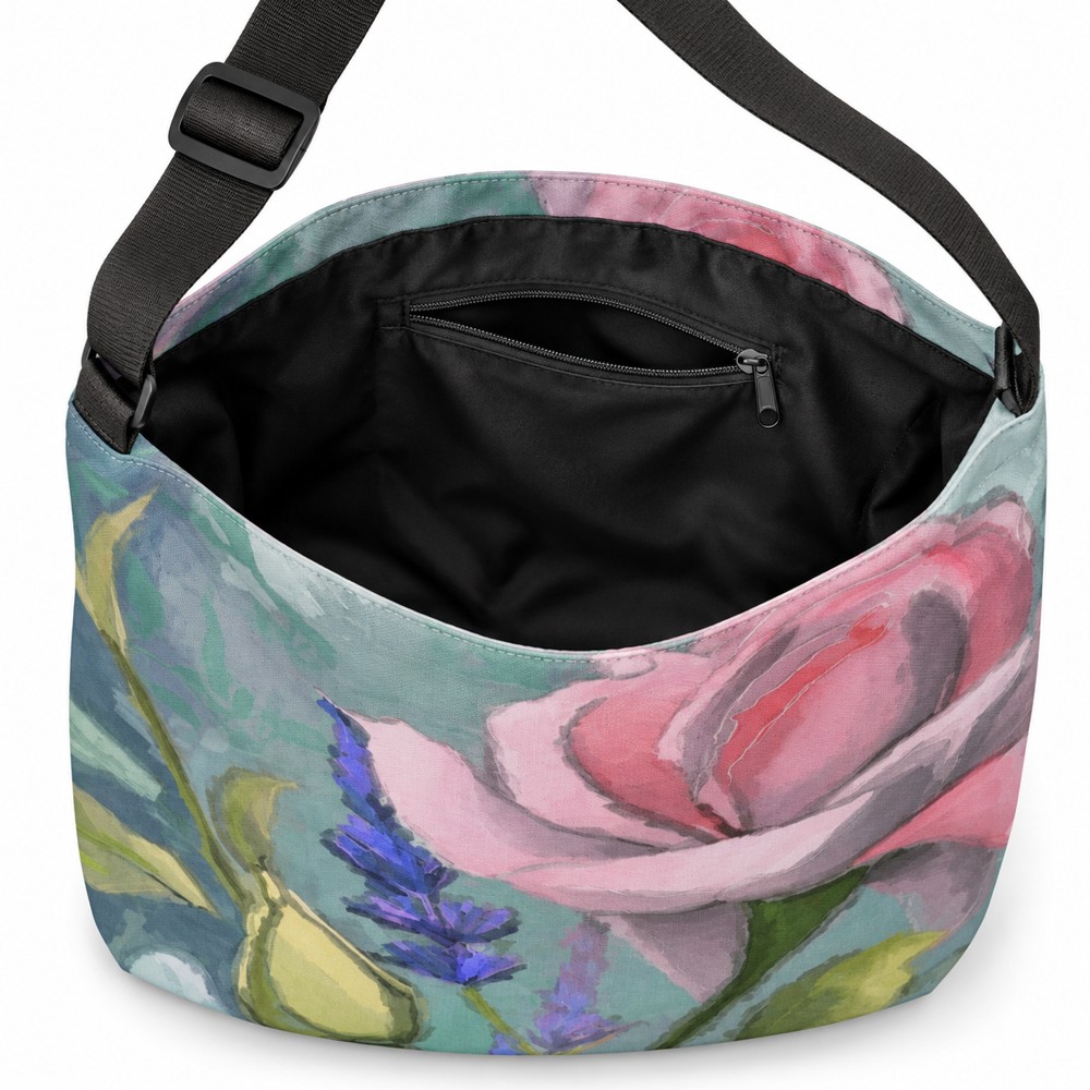 Illustrative adjustable tote interior mockup showing black lining and an inside zippered pocket