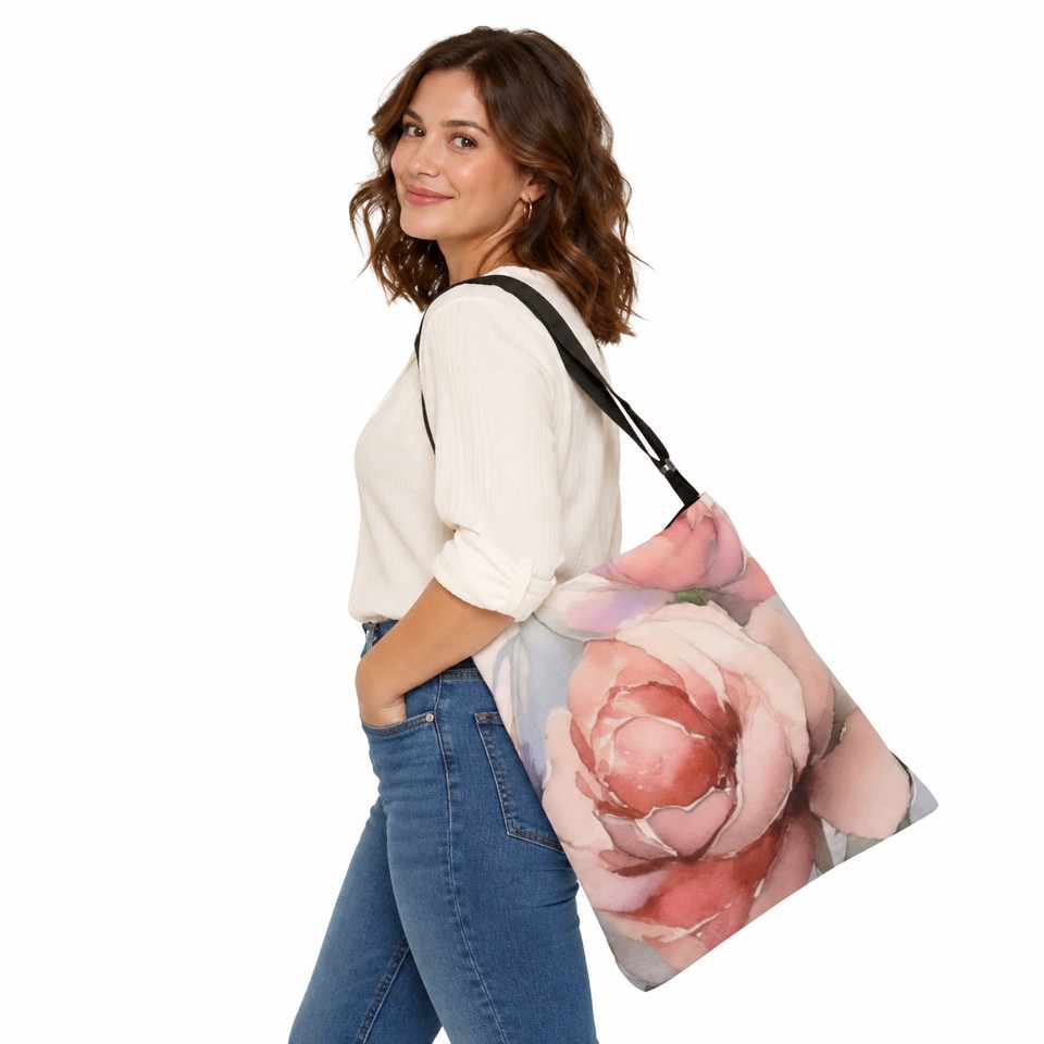 Model wearing the Blush Rose Adjustable Tote with its black adjustable strap