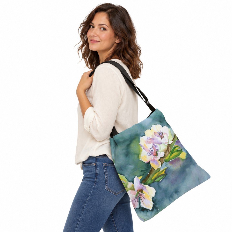 Model wearing the Dogwood Adjustable Tote with its black adjustable strap