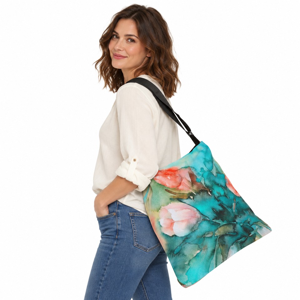 Model wearing the Tulips Adjustable Tote with its black adjustable strap