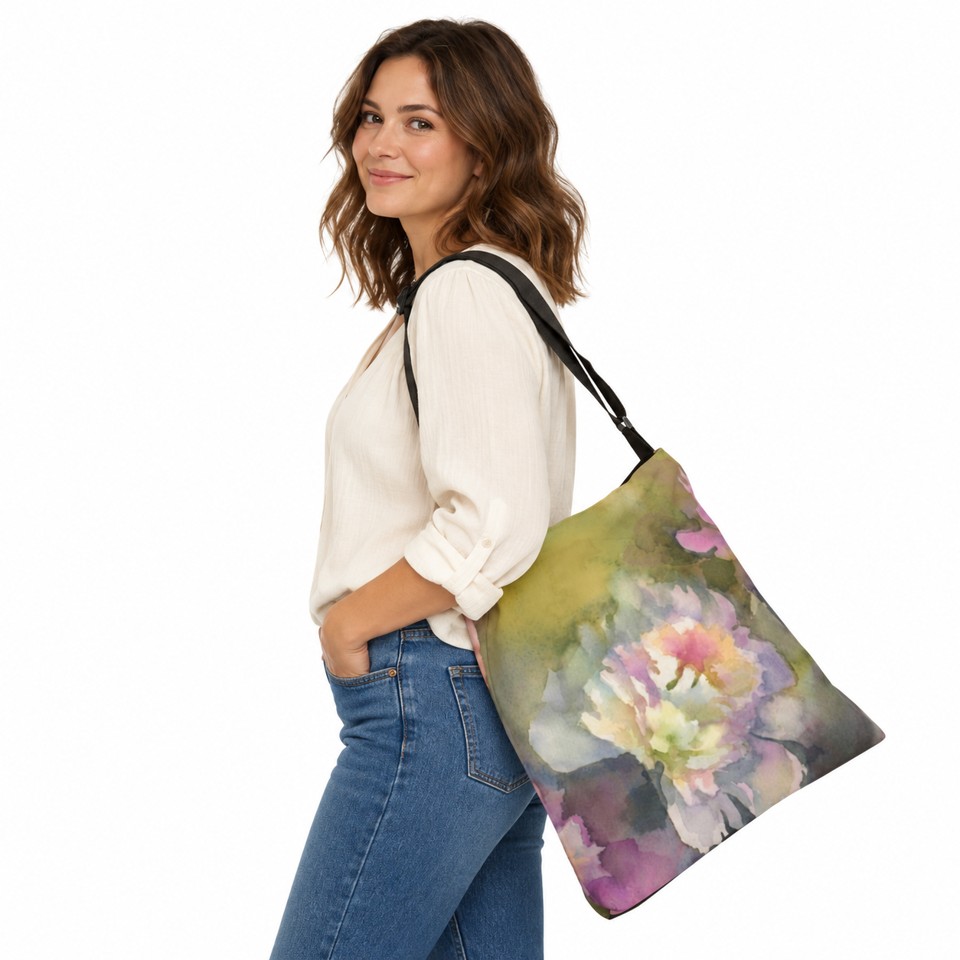 Model wearing the Peony Adjustable Tote with its black adjustable strap