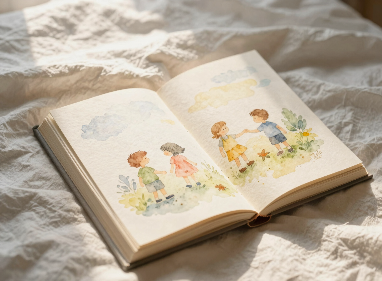 An open illustrated book on soft linen