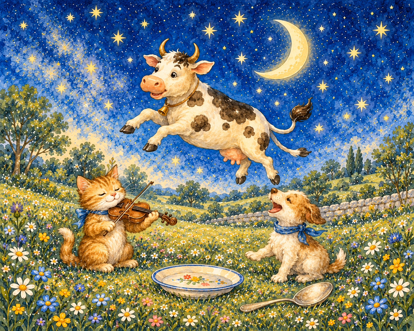 Hey Diddle Diddle watercolor with the cow, moon, fiddle-playing cat and little dog