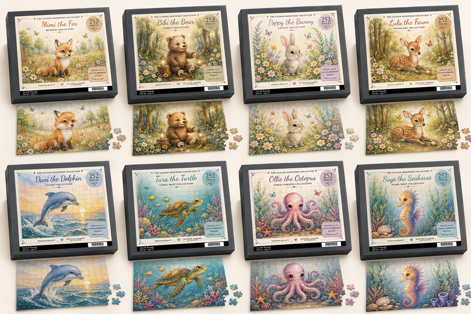 All eight Lilyann Rosewood watercolor puzzles with their illustrated boxes and completed artwork